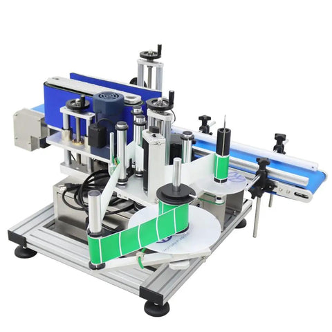 High Speed Automatic Label Applicator For Round Bottles Featuring Smooth Riding Conveyor Tracks Pro Level 200 Unit Per Minute Arrangement shown in detail.