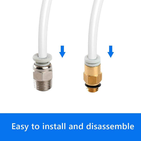 PTFE Teflon Tubing 1mm ID X 2mm OD, 10ft Length For 3D Printers showing easy installation with metal connectors