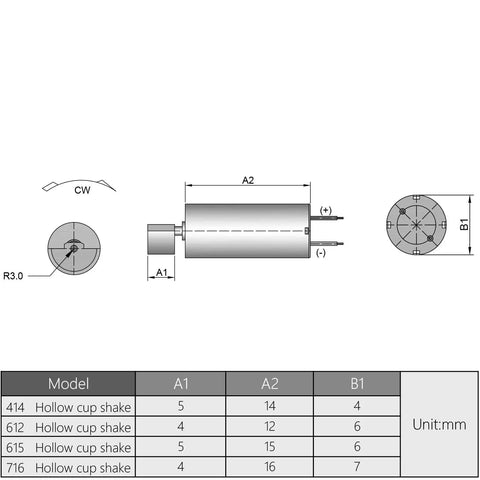 Diagram of Two Coreless DC 3V Vibration Motors Tiny 7mm Diameter 16.6mm Long Built In Micro Vibe Motors for electronics use.