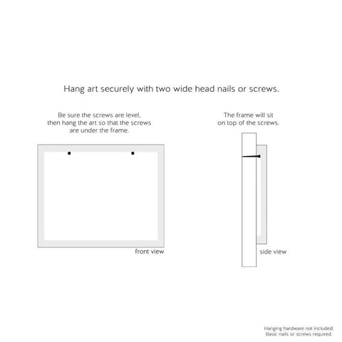 Diagram showing how to hang Grain Prep Cheat Sheet Framed Giclee Textured Art With Ebony 1.5 Inch Frame, side and front views