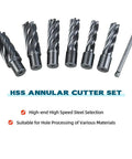 HSS Annular Cutter Set featuring six high-speed steel bits for precise hole processing in various materials.