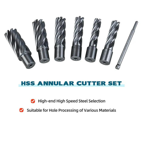 HSS Annular Cutter Set featuring six high-speed steel bits for precise hole processing in various materials.