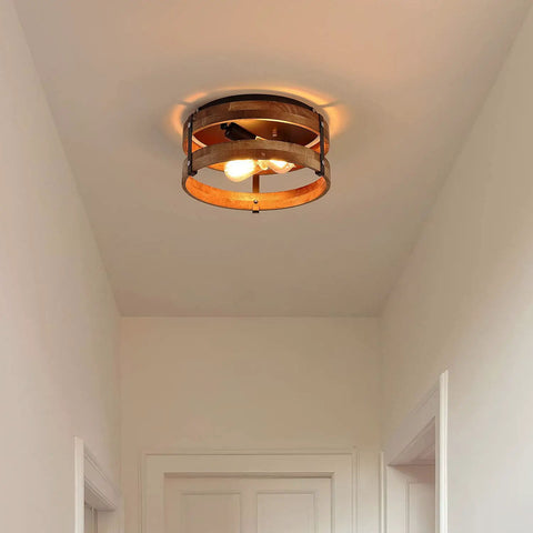 2 Light Rustic Oak Wood Round Drum Ceiling Light Fixture For Hallways Bedrooms Kitchens And Entryways Farmhouse Black Flush Mount Semi Flush Mount With Easy Install And Cozy On Trend Farmhouse Vibe installed in hallway
