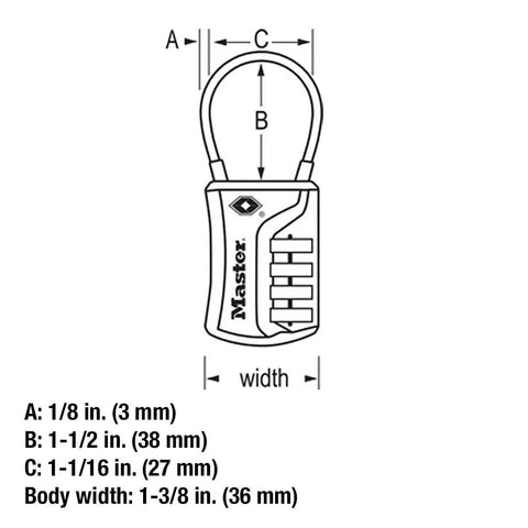 Diagram of Set Your Own Combination TSA Approved Luggage Lock For Travel Security, 1 Pack, Easy To Use Keyless Padlock with measurements.