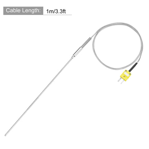 K-type thermocouple temperature probe with stainless steel shaft and 1m braided wire with yellow plug (front view)