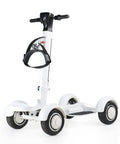 Knock Out The Course With This Slick Four Wheel Electric Golf Cart Powered By A Beefy 1000W Motor And 10 Inch High Grip Tires That Folds Flat For Trunk Storage Plus A Tough Rolling Bag Holder And Swap Out Battery For All Day Cruising. White folding electric golf cart with 10 inch tires, LED screen and adjustable handle.