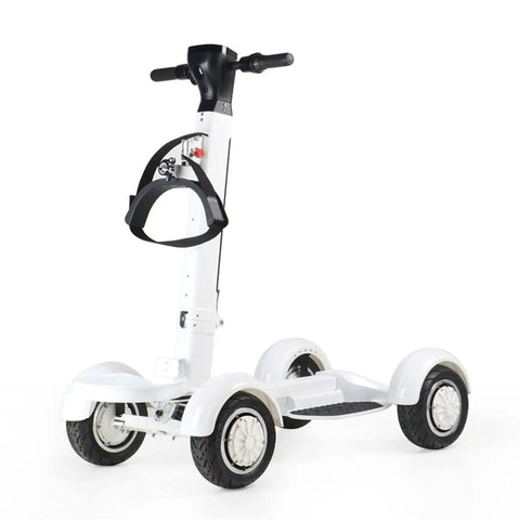 Knock Out The Course With This Slick Four Wheel Electric Golf Cart Powered By A Beefy 1000W Motor And 10 Inch High Grip Tires That Folds Flat For Trunk Storage Plus A Tough Rolling Bag Holder And Swap Out Battery For All Day Cruising. White folding electric golf cart with 10 inch tires, LED screen and adjustable handle.