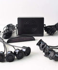 Eight Ultrasonic Parking Radar System with LED distance display, audible beep warning, and control box shown in black finish.