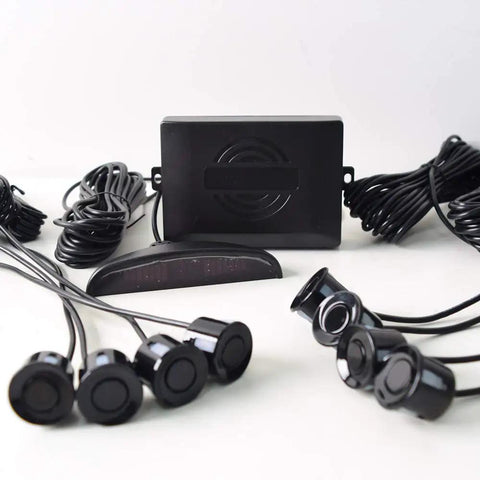 Eight Ultrasonic Parking Radar System with LED distance display, audible beep warning, and control box shown in black finish.
