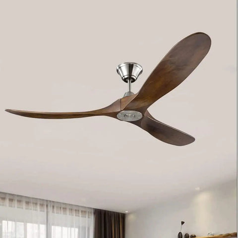 Upscale Retro Wooden Ceiling Fan Light Fixture With Smart Remote And Ridiculously Silent Dc Motor Straight Up Professional Grade Cooling Built For Cozy Spaces in brown wood finish with three sleek blades.