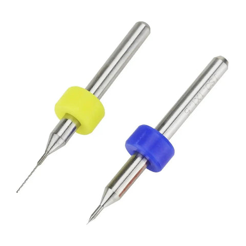Close-up of two PCB Drill Bit Set 0.6-1.5mm Mini Twist Bits for Circuit Boards, with colored holders, ideal for precise hobby electronics.