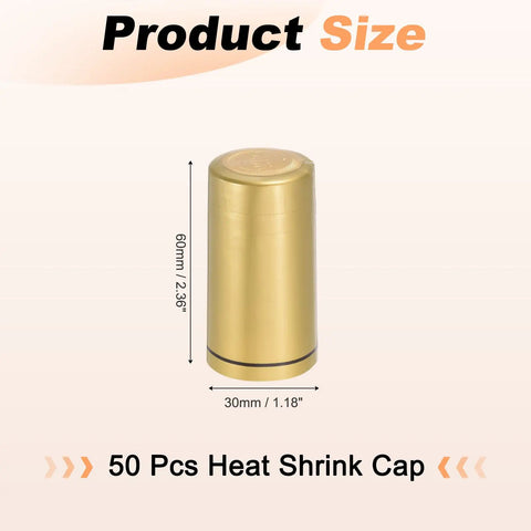Top Shelf PVC Heat Shrink Bottle Caps Gold 30X60mm Size 50 Pack showing dimensions of 30mm x 60mm for sealing wine bottles.