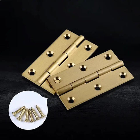 Four Pack Heavy Duty Solid Brass Butt Hinges For Cabinet Doors And Furniture With Rich Gold Finish and screws for easy installation.