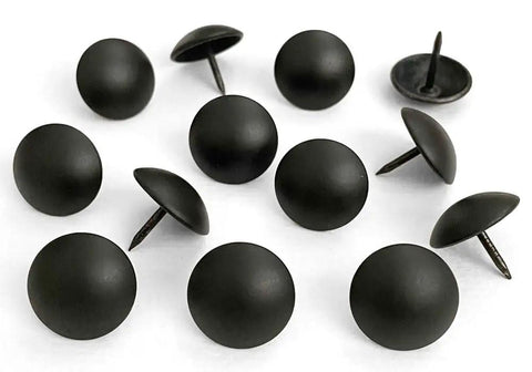 Top Shelf Matte Black Upholstery Tacks 100 Piece Set Heavy Duty Metal Thumb Tacks for Couches shown from above showing flat top and tapered shaft.