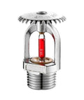 Close-up of a chrome fire sprinkler head with a red trigger, part of the Rock Solid Fire Sprinkler Kit With Blazing Fast 68C Trigger Activation.