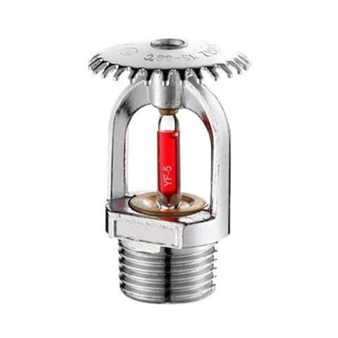 Close-up of a chrome fire sprinkler head with a red trigger, part of the Rock Solid Fire Sprinkler Kit With Blazing Fast 68C Trigger Activation.