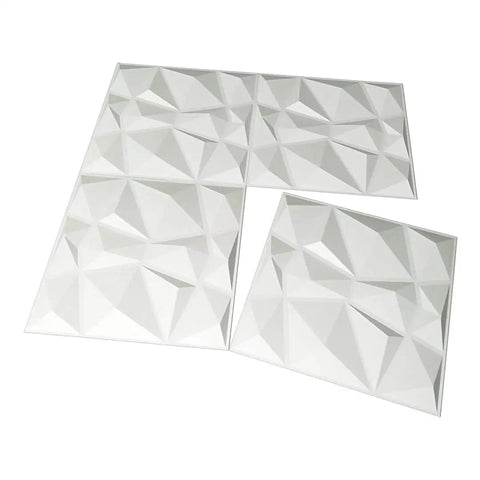 12 Pack 3D Diamond Wall Panels 19.7x19.7 Inches PVC Snow White Finish showing geometric design with four panels displayed