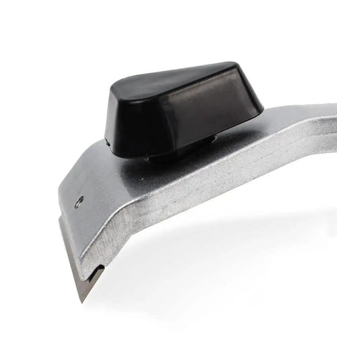 Close-up of Two Point Five Inch Carbide Razor Blade Paint Remover Scraper with black handle for tough renovations