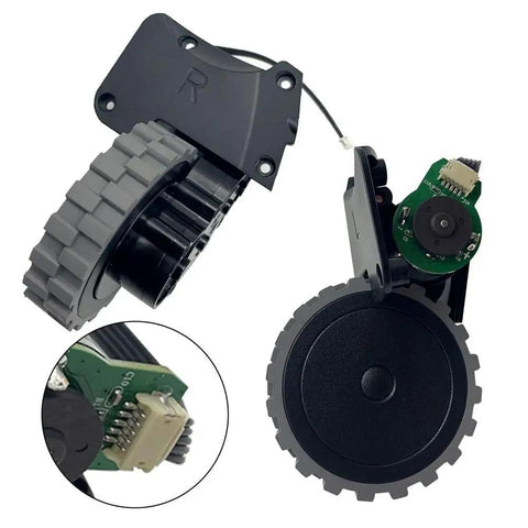Close-up of Left And Right Traveling Wheel Replacement for X6 X8 Robot Vacuum Cleaners, plug-and-play castor with electronic components visible.
