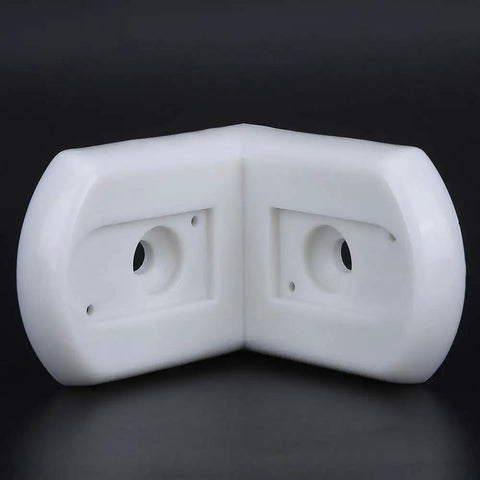 White nylon Beefy Heavy Duty L Shaped Corner Bracket For Furniture Repair And Shelf Support 90 Degree Right Angle Reinforcement Bracket Made From Durable Nylon For Strong Joints And Easy Install with mounting holes on a black background