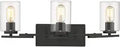 3 Light Bath Vanity Fixture In Matte Black With Gold Highlights And Clear Glass Cylinders, front view showing overlapping arcs