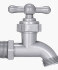 Pro Level Celcon Hose Bibb With 3/4 Inch Male Pipe Connection For Outdoor Irrigation And Garden Hoses, silver metal tap, side view.