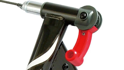 Close-up of remote shifter for LiveRide Magnetic Trainer With 13 Level Resistance, Quiet Indoor Cycling, red and black handle
