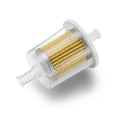 Three Eighth Inch Universal Inline Fuel Filter Kit For Gas Lines Pack Of Two High Performance Industrial Grade Filters With Durable Construction And Easy Three Eighth Inch Fittings For Quick Install showing clear transparent shell and filter element.