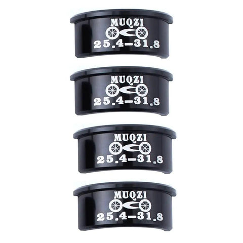 4 Pack Aluminum Alloy Bicycle Handlebar Shim Adapters Spacers 25.4mm To 31.8mm Easy Fit For MTB Road Mountain And Fixed Gear Bikes Conversion Kit Lightweight Yet Sturdy Quick Install And Fine Tune displayed in black with logo.