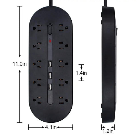 10 Outlet Power Strip With USB Ports And 1700J Surge Protector, front and side view, wall mountable, dimensions shown