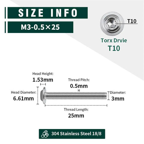 Size info for Badass M3 Flanged Button Head Machine Screws 25 Millimeter 304 Stainless Steel with T10 Torx bit.