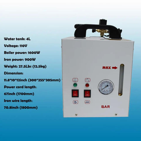 Heavy Duty 1600W Steam Ironing Station With 4L Tank And 900W Iron Head for commercial use, showing control panel and specifications.