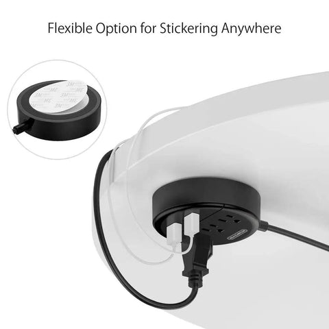 Underside of desk with Compact Three Outlet Power Strip With Two USB Ports And Flat Plug Five Foot Cord Wall Mountable