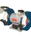 Hardcore 8 Inch Bench Grinder With Half Horsepower Motor And 120 Volts, features dual grit wheels for sharpening and deburring.