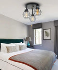 Industrial Dope Pull Chain Ceiling Light Fixture With Black Metal Cage Semi Flush Mount Three Light Edison E26 Steampunk Vibe