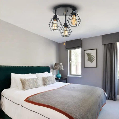 Industrial Dope Pull Chain Ceiling Light Fixture With Black Metal Cage Semi Flush Mount Three Light Edison E26 Steampunk Vibe