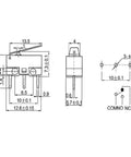 Technical diagram of 20 Pack Micro Switches 1A 125V SPDT NO NC Hinge Lever Momentary Push Button Limit Switch dimensions