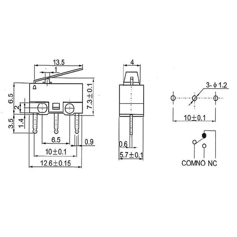 Technical diagram of 20 Pack Micro Switches 1A 125V SPDT NO NC Hinge Lever Momentary Push Button Limit Switch dimensions