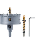 Heavy Duty 3 Inch Tungsten Carbide Hole Saw Set With Titanium Pilot Bit for zero burrs, includes pilot bit and hex key.