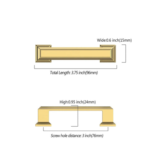 Illustration of metal cabinet handle dimensions: 3.75 inch length, 0.6 inch width, 0.95 inch height, 3 inch screw hole distance.