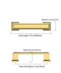 Dimensions of gold cabinet handle showing width, height, and screw hole distance in millimeters and inches.