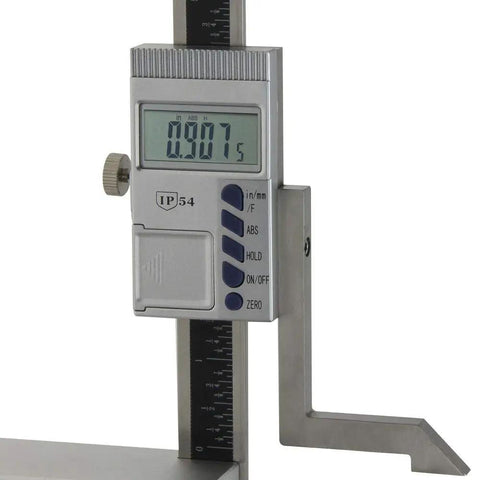 Close-up of Digital Height Gauge With Magnetic Base, 6 Inch Capacity, showing LCD and 0.0005 Inch precision display