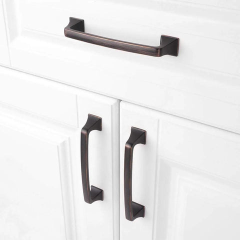 Oil Rubbed Bronze 5 Inch Cabinet Pulls Pack Of 10 Solid Metal Contemporary Big Square Arch Handles installed on white cabinets