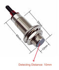 NJK-5002C Hall Effect Proximity Sensor 10mm Detection, side view with dimensions, metal cylinder body, NPN NO output, M12 diameter