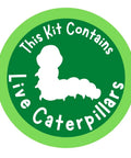 Green circle with caterpillar icon and text "This Kit Contains Live Caterpillars" for Butterfly Garden Kit With 10 Live Caterpillars, Habitat.