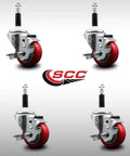 Heavy Duty Polyurethane Casters With Locking Brakes And Smooth Red Treads Set Of Four Stainless Steel Wheels For Garage Builds 3 Inch view of casters with stainless steel hubs and red treads.