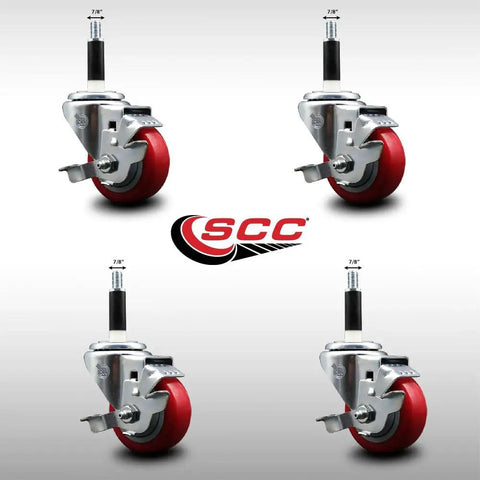 Heavy Duty Polyurethane Casters With Locking Brakes And Smooth Red Treads Set Of Four Stainless Steel Wheels For Garage Builds 3 Inch view of casters with stainless steel hubs and red treads.