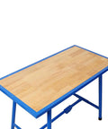 Heavy Duty Foldable Workbench Featuring Tough As Nails Steel Frame And Premium Wood Top, No Sweat Assembly For Garage Or Home Shop, 660 Lb Load Capacity, Blue - Top view of blue steel frame with wooden tabletop.