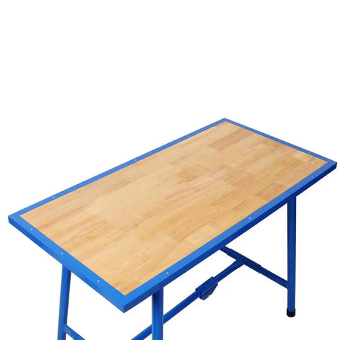 Heavy Duty Foldable Workbench Featuring Tough As Nails Steel Frame And Premium Wood Top, No Sweat Assembly For Garage Or Home Shop, 660 Lb Load Capacity, Blue - Top view of blue steel frame with wooden tabletop.