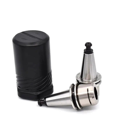 Top Shelf Stainless Steel Cnc Collet Chuck Delivering Dead On Zero Point Zero Zero Millimeter Accuracy And Dynamic Balancing shown with protective cap.